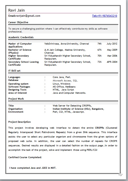 Resume format for computer science engineering students freshers